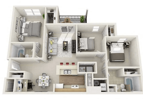 A 3D floor plan of a house with multiple rooms and furniture.